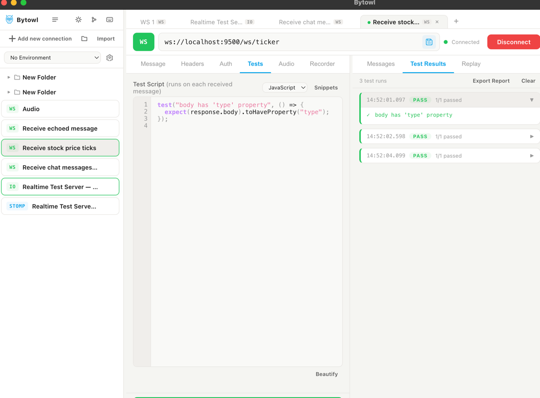 Tests tab showing JavaScript test code with passing test results