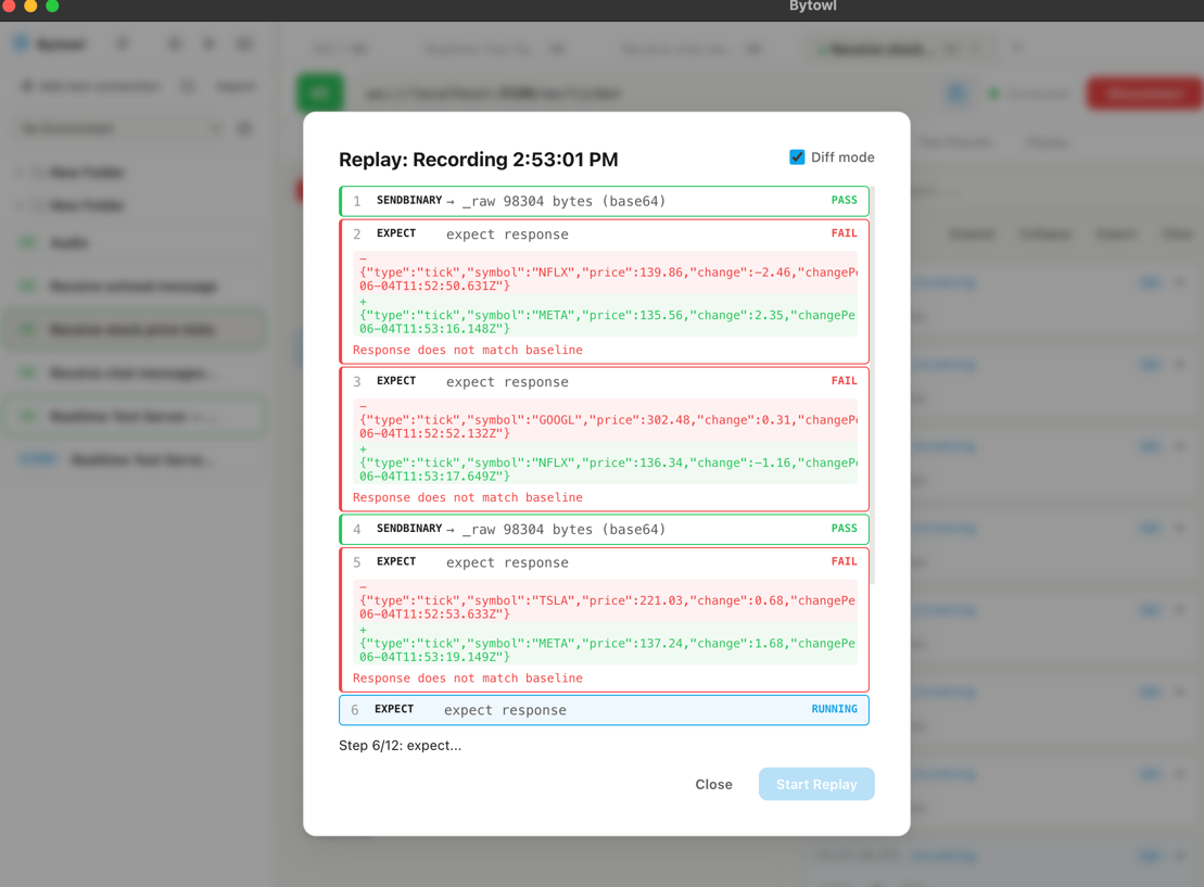Replay modal with diff mode showing pass and fail results